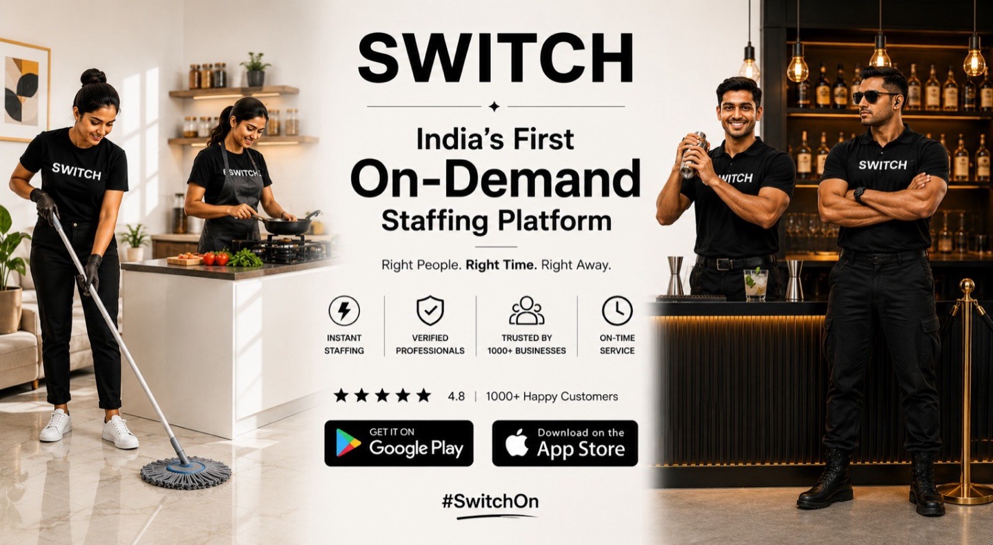 Switch — on-demand staffing platform in Gurgaon. Instant staffing, verified professionals, trusted by 200+ businesses, 4.8 rating.